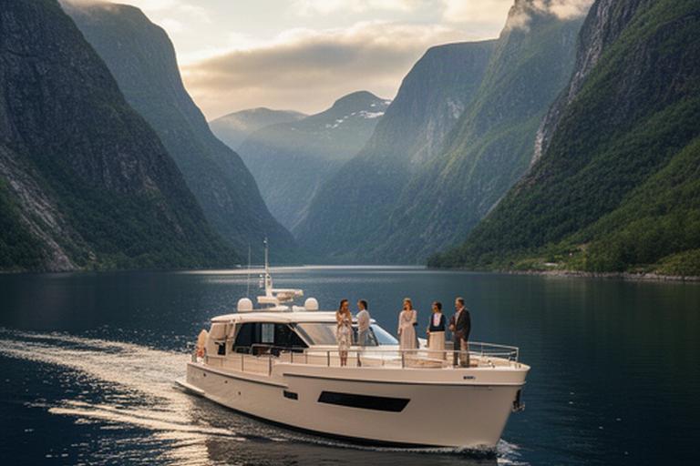 Kleine Luxusyacht in einer fjordartigen Küstenlandschaft mit Gästen an Deck
