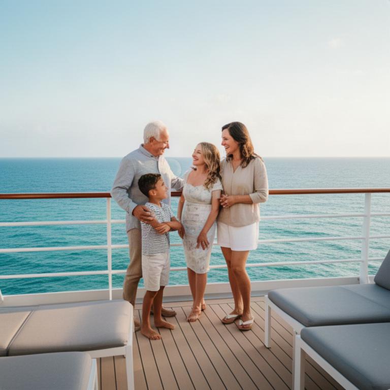 Familie mit zwei Kindern auf dem Aussendeck eines Kreuzfahrtschiffs bei ruhiger See