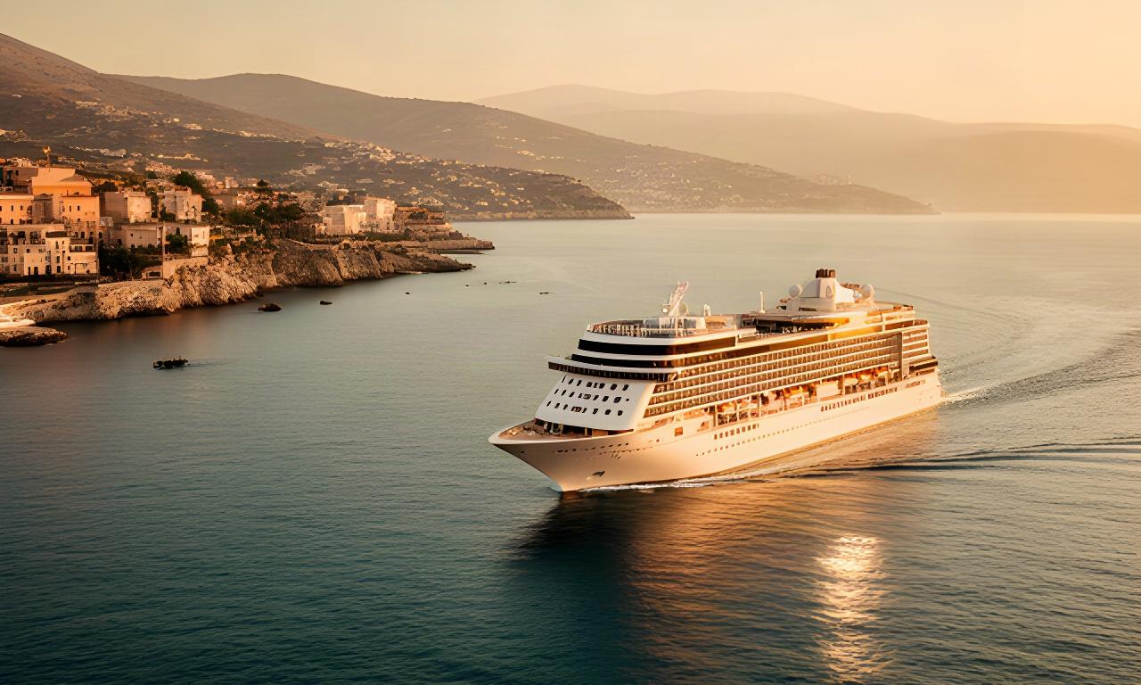 Kreuzfahrtschiff bei ruhiger See vor einer mediterranen Küste im warmen Abendlicht