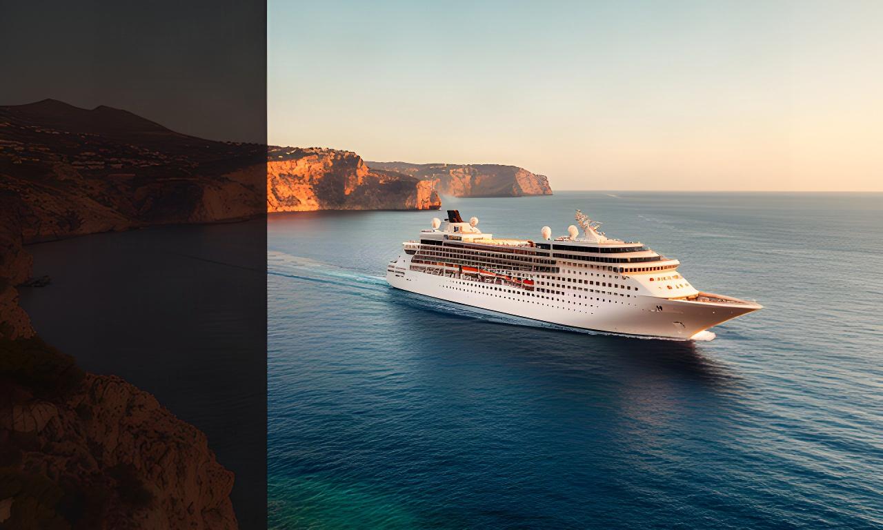 Weisses Kreuzfahrtschiff vor der mediterranen Küste bei tief stehender Sonne
