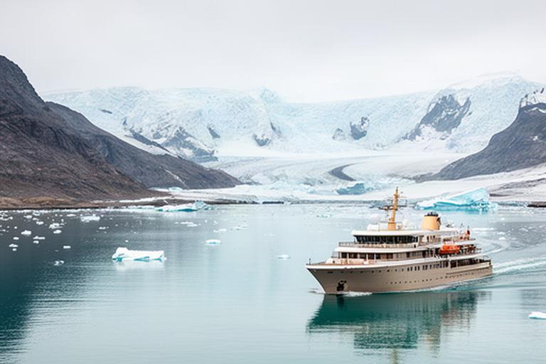 Elegantes Expeditionsschiff vor einer stillen arktischen Küste mit Eisbergen